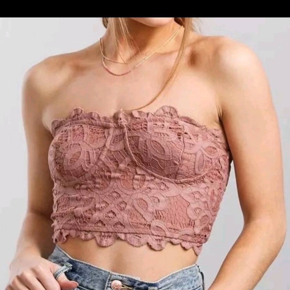 Free People Strapless Lace Crop Top Bandeau - Pink Size LARGE